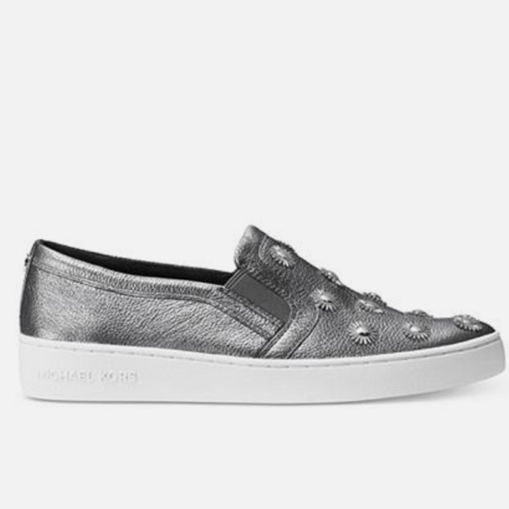 Michael Kors Gunmetal Grey Silver Studded Leo Leather Slip-On Sneakers Shoes 7 - Picture 2 of 16